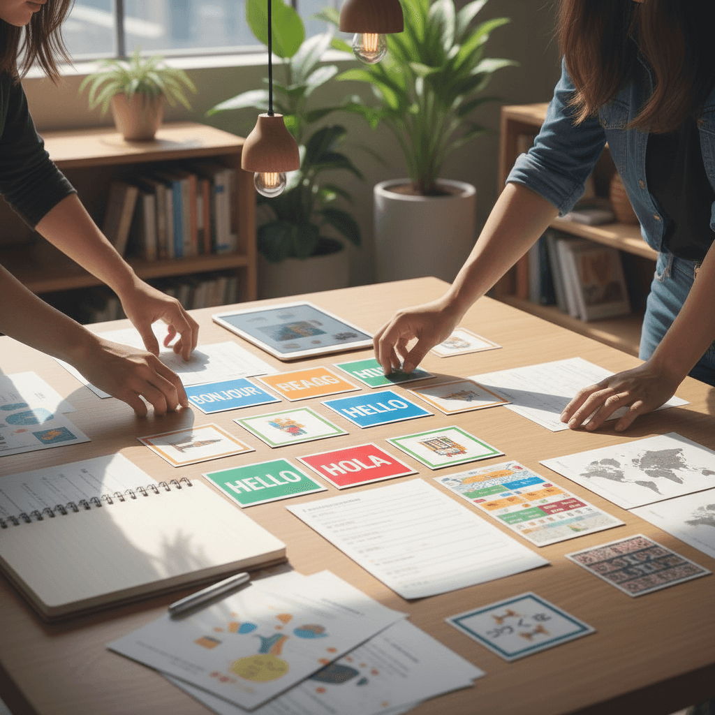 Two educators' hands arranging colorful language learning materials and flashcards on a sunlit wooden table in a collaborative workspace